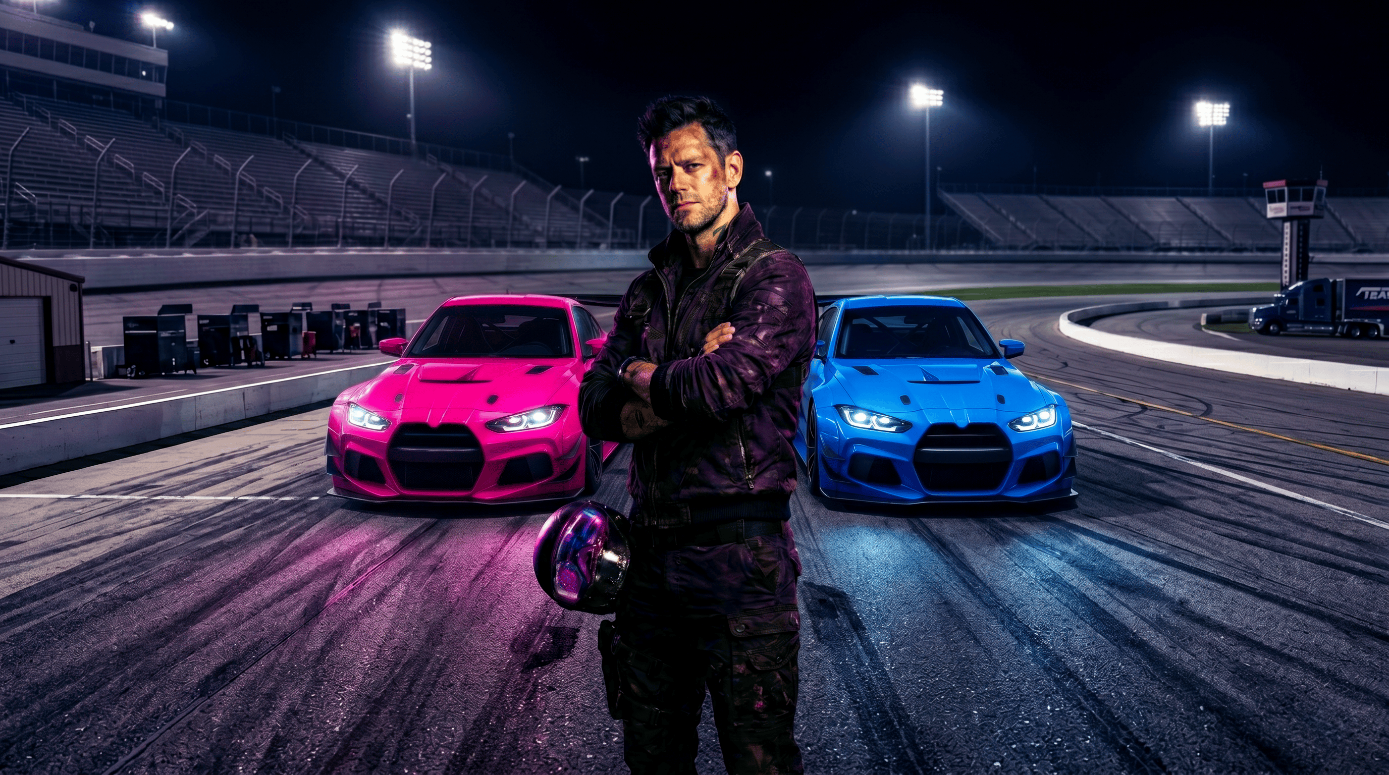 Speed Character Stood In Between 2 Jam 7 Race Cars