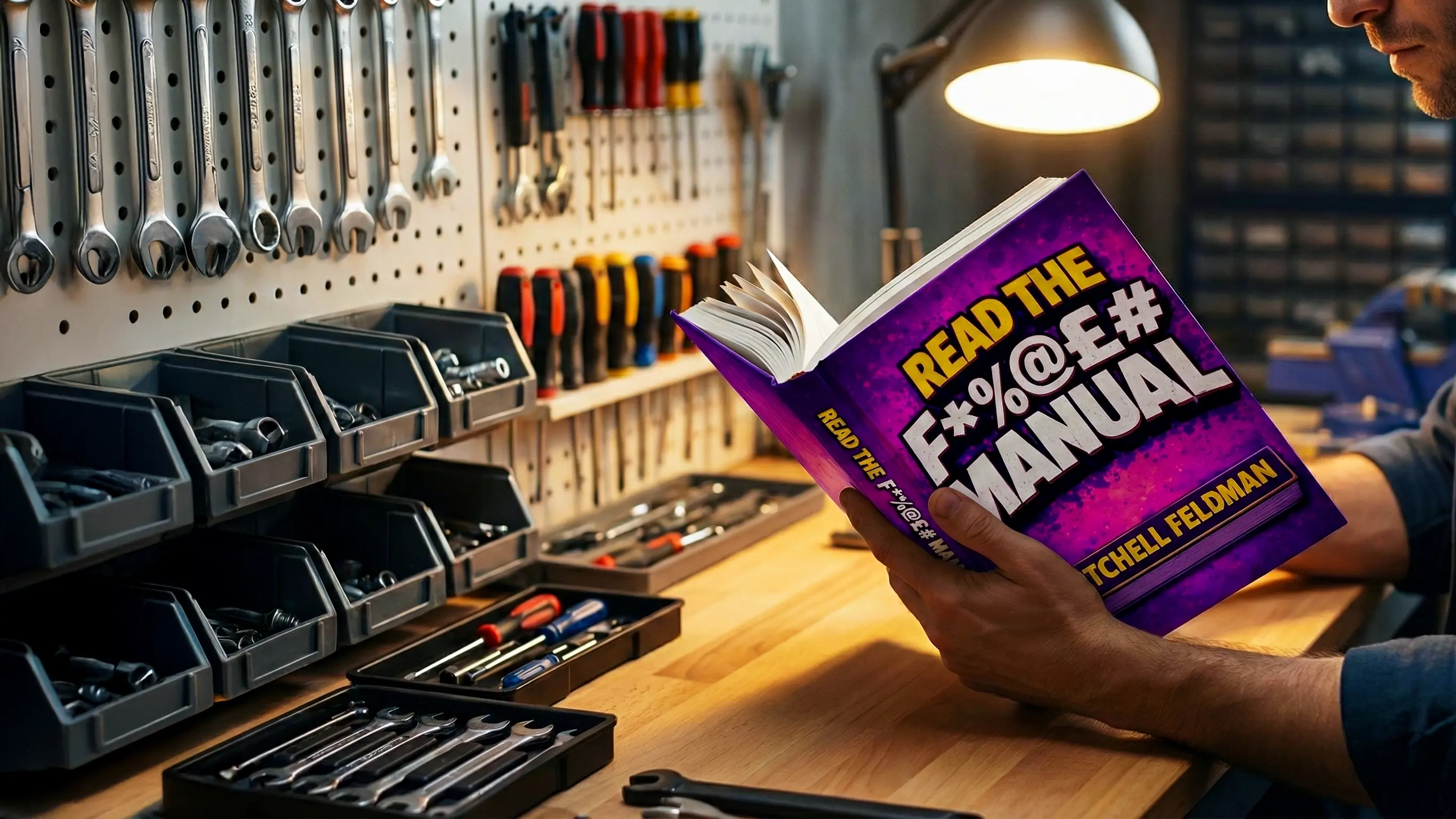 Man sat at work bench reading RTFM